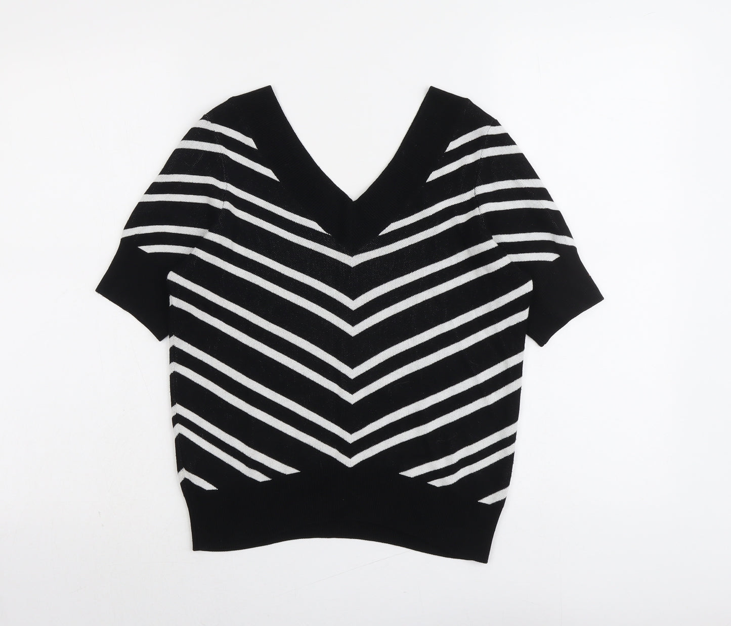 Marks and Spencer Womens Black V-Neck Striped Viscose Pullover Jumper Size 10