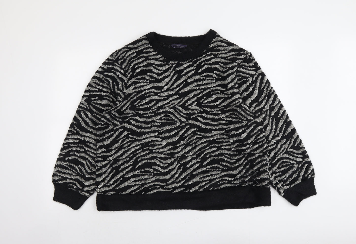 Marks and Spencer Womens Black Round Neck Animal Print Polyamide Pullover Jumper Size L - Tiger Print