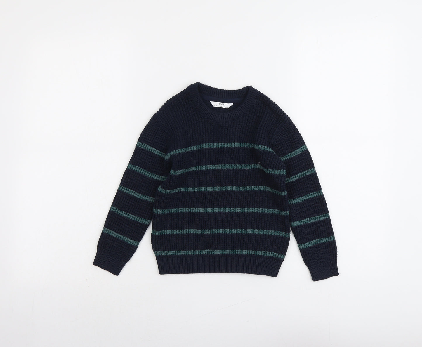 Marks and Spencer Boys Blue Crew Neck Striped Cotton Pullover Jumper Size 3-4 Years Pullover
