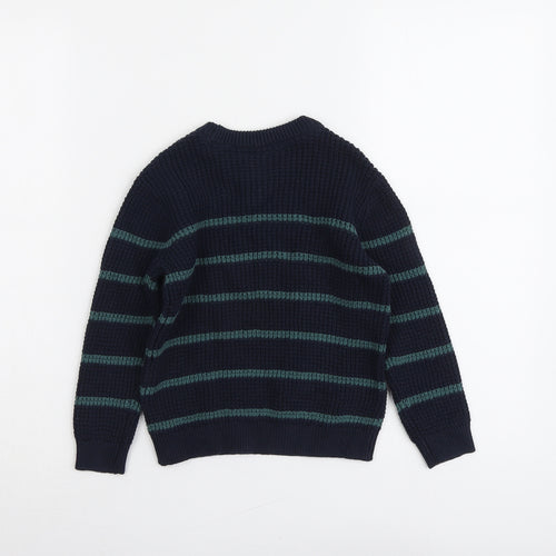 Marks and Spencer Boys Blue Crew Neck Striped Cotton Pullover Jumper Size 3-4 Years Pullover