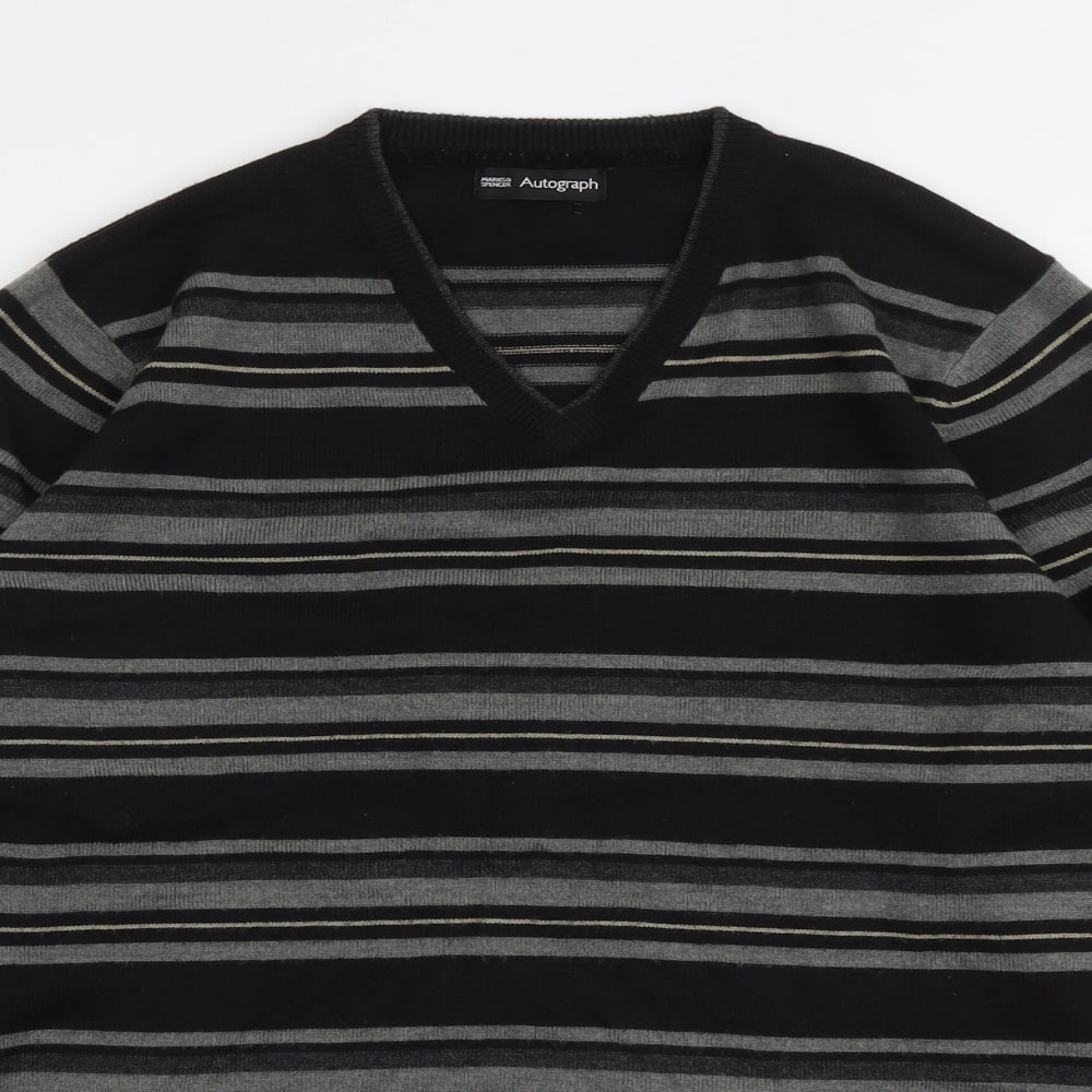 Marks and Spencer Mens Black V-Neck Striped Acrylic Pullover Jumper Size L Long Sleeve