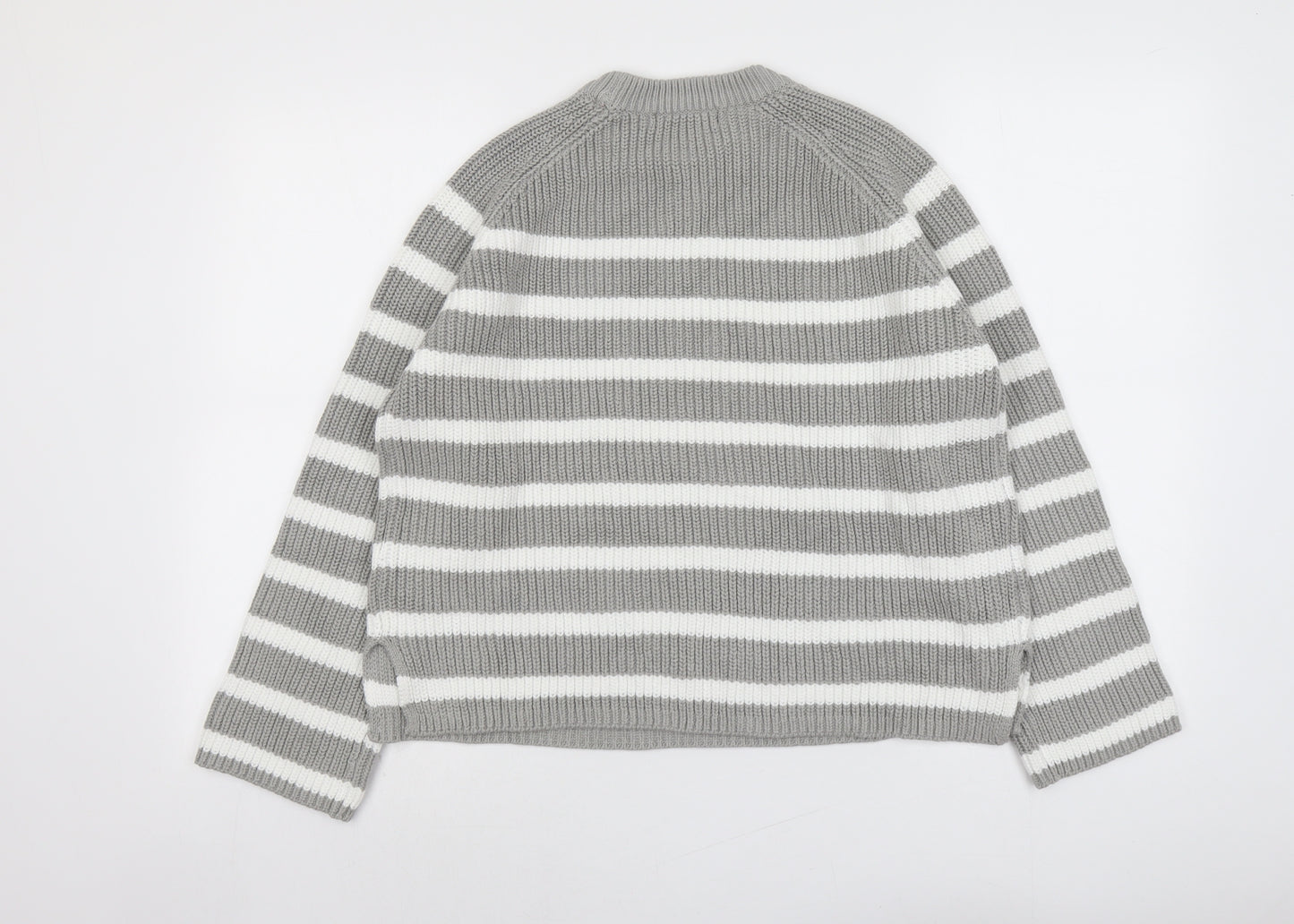 Marks and Spencer Womens Grey Round Neck Striped Cotton Pullover Jumper Size M