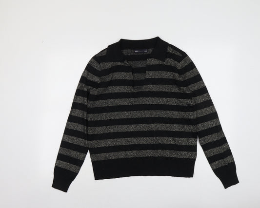 Marks and Spencer Womens Black Collared Striped Viscose Pullover Jumper Size M