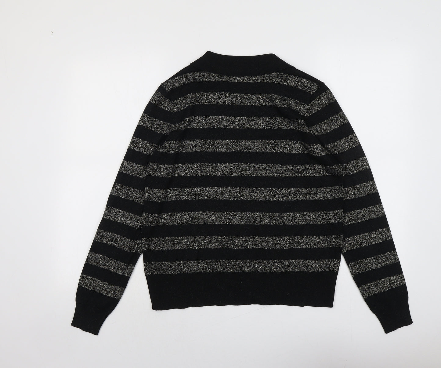 Marks and Spencer Womens Black Collared Striped Viscose Pullover Jumper Size M