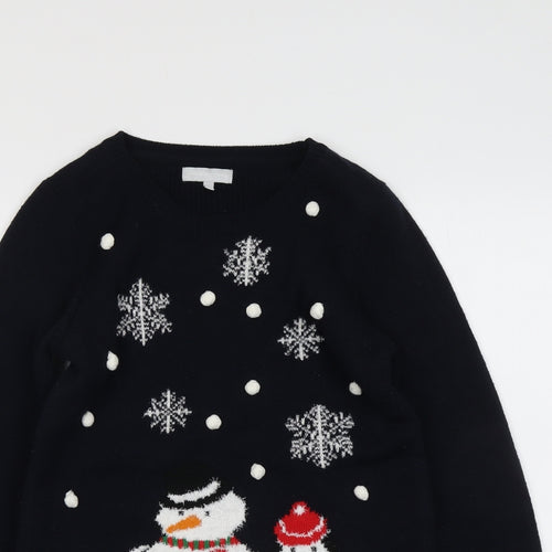 Red Herring Womens Blue Round Neck Acrylic Pullover Jumper Size 12 - Snowman Christmas