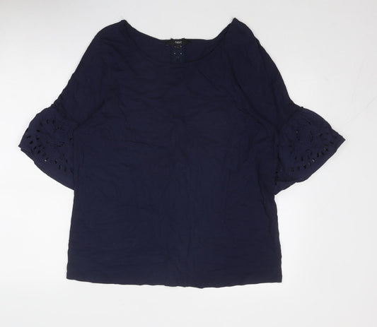 NEXT Womens Blue Cotton Basic Blouse Size 16 Boat Neck - Broderie Anglaise Details