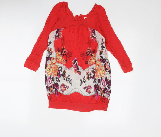Free People Womens Red Floral Viscose Tunic Blouse Size S Boat Neck