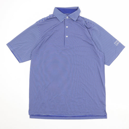 Donald Ross Mens Blue Striped Polyester Polo Size S Collared Button