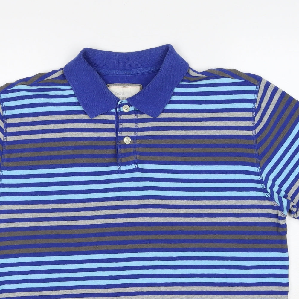 Marks and Spencer Mens Blue Striped Cotton Polo Size L Collared Pullover