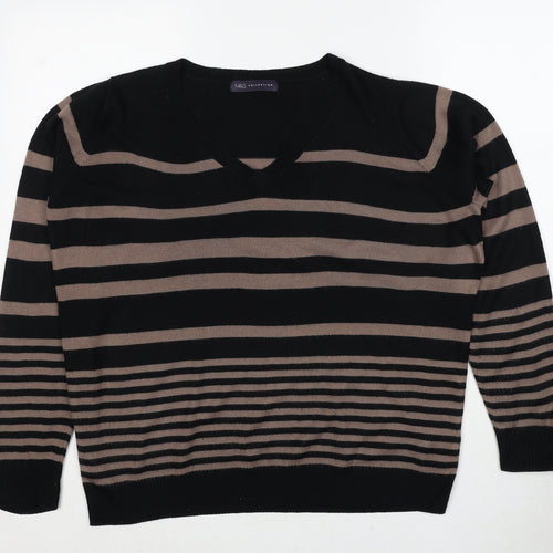 Marks and Spencer Womens Black V-Neck Striped Acrylic Pullover Jumper Size 16