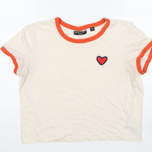 Brave Soul Womens Beige Cotton Basic T-Shirt Size M Round Neck - Heart Detail