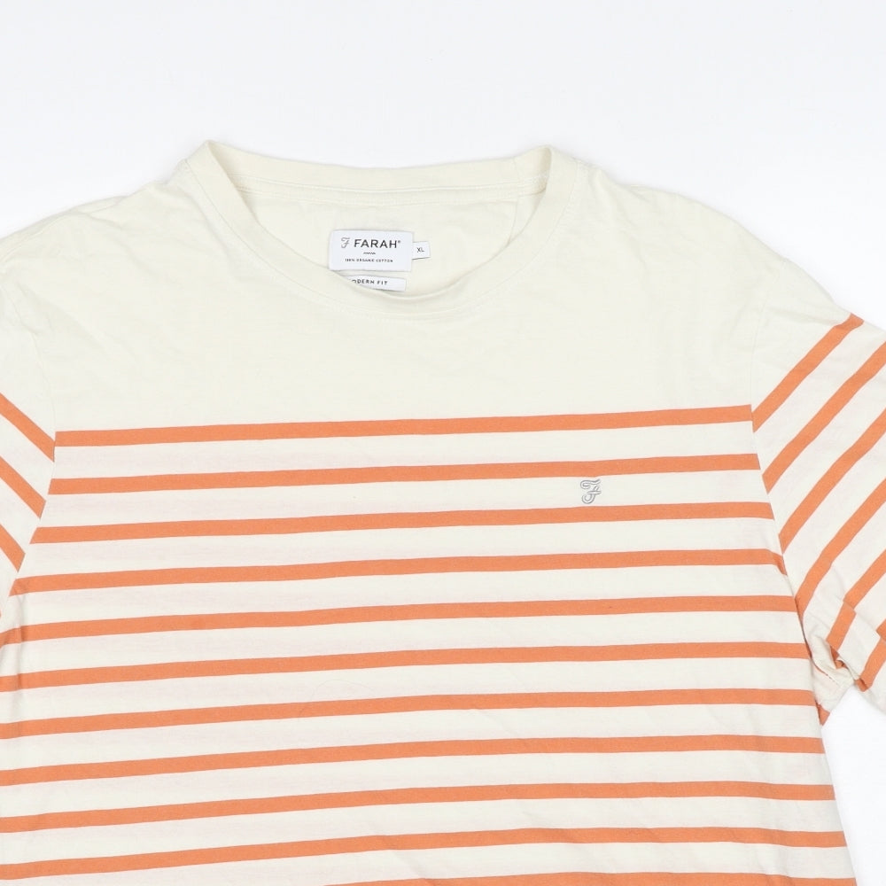 Farah Mens Orange Striped Cotton T-Shirt Size XL Round Neck