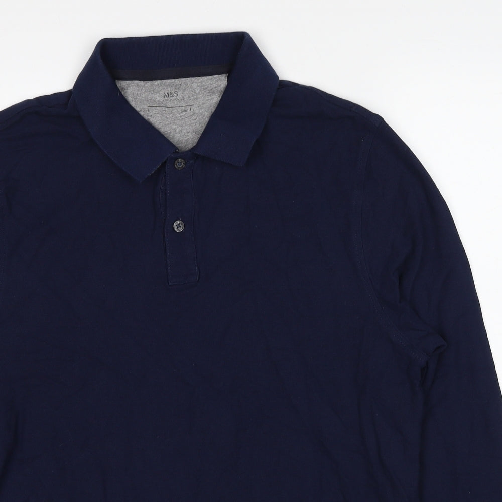 Marks and Spencer Mens Blue Cotton Polo Size L Collared Pullover