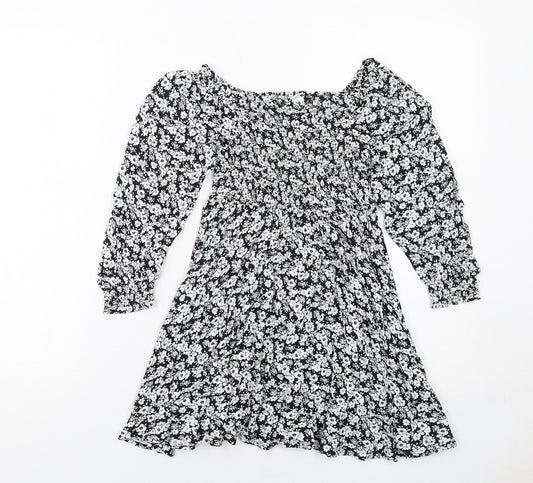 Marks and Spencer Girls Black Floral Viscose A-Line Size 6-7 Years Boat Neck Pullover