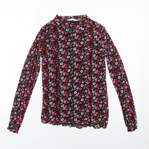Marks and Spencer Girls Black Floral Polyester Pullover T-Shirt Size 12-13 Years Mock Neck Pullover