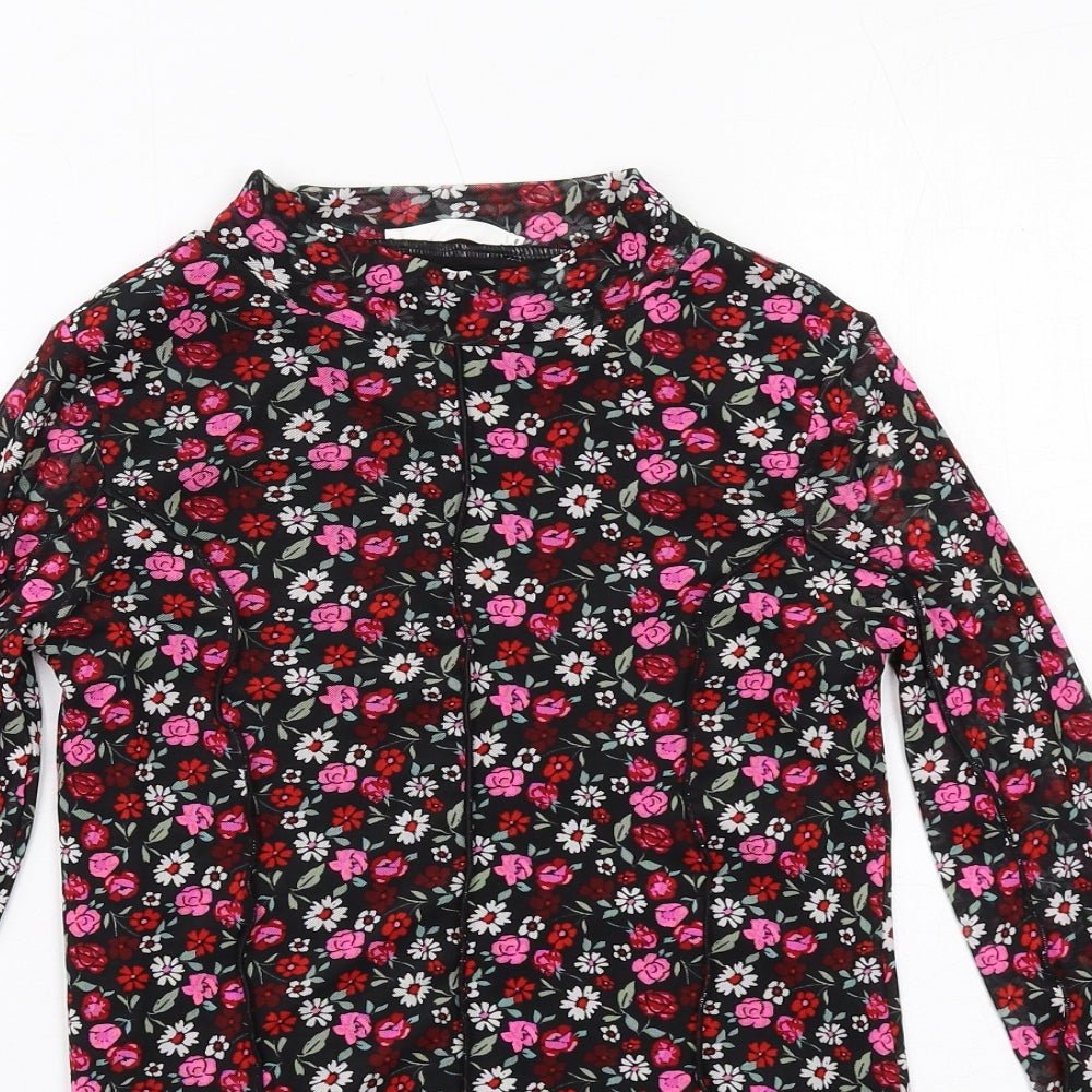 Marks and Spencer Girls Black Floral Polyester Pullover T-Shirt Size 12-13 Years Mock Neck Pullover