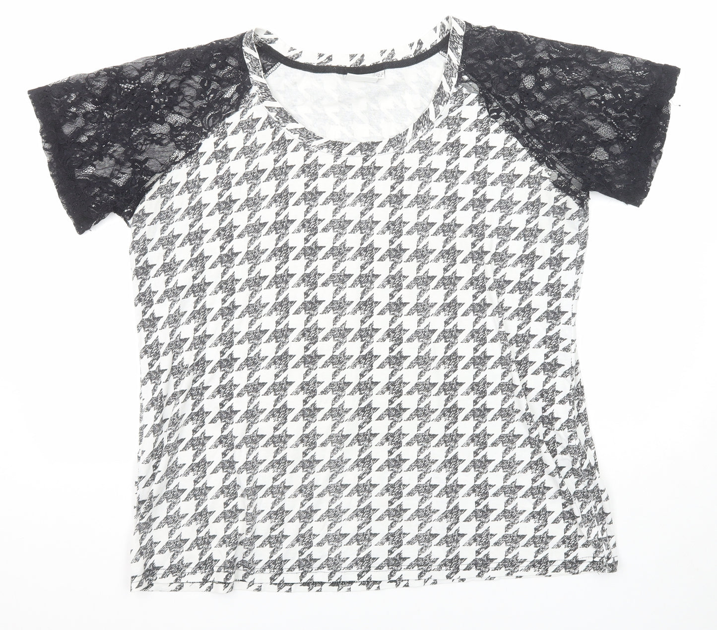 JUNAROSE Womens Black Geometric Cotton Basic T-Shirt Size 18 Round Neck - Lace Details