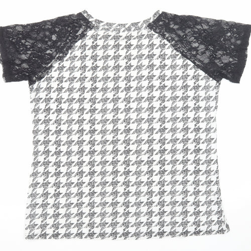 JUNAROSE Womens Black Geometric Cotton Basic T-Shirt Size 18 Round Neck - Lace Details