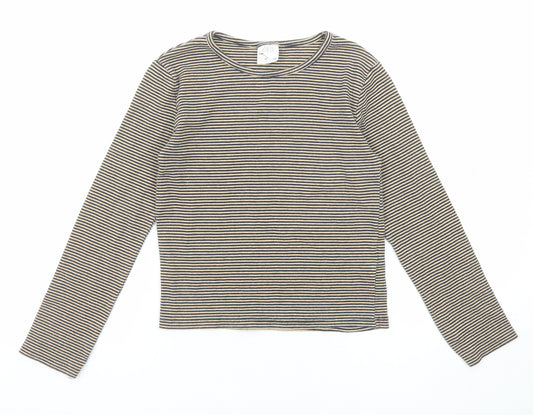 Zara Girls Beige Striped Cotton Pullover T-Shirt Size 10 Years Boat Neck Pullover
