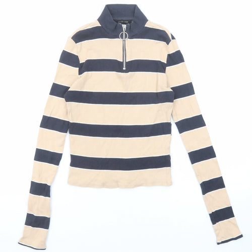 Urban Outfitters Girls Beige Striped Cotton Pullover T-Shirt Size L High Neck Zip - Ribbed