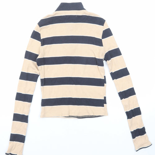 Urban Outfitters Girls Beige Striped Cotton Pullover T-Shirt Size L High Neck Zip - Ribbed
