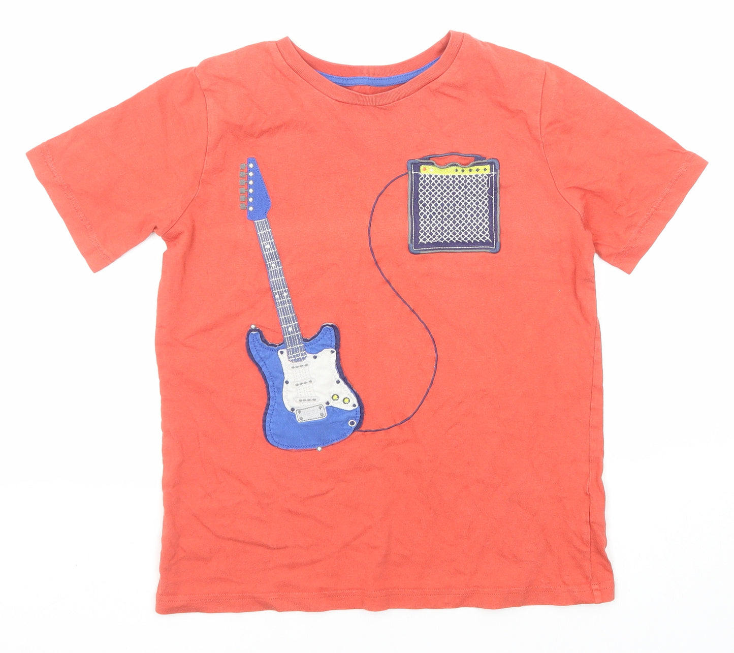 Mini Boden Boys Red Cotton Basic T-Shirt Size 11-12 Years Round Neck Pullover - Guitar