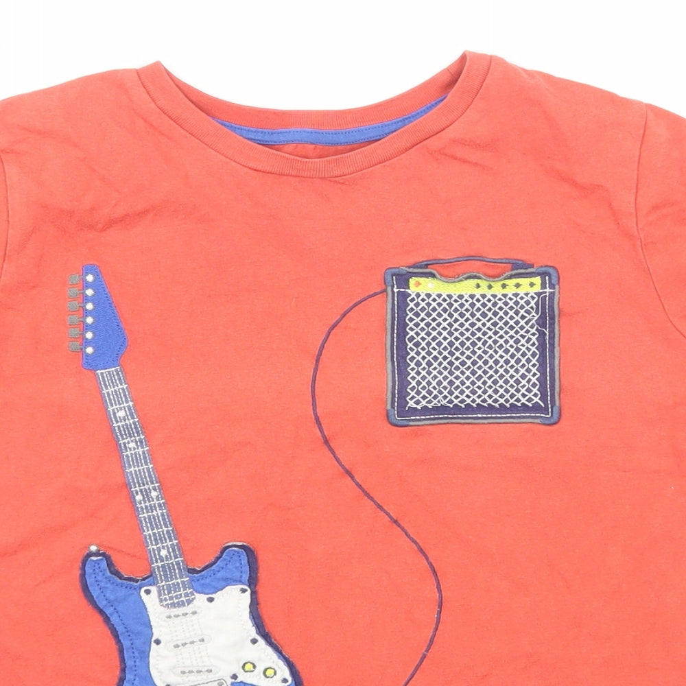Mini Boden Boys Red Cotton Basic T-Shirt Size 11-12 Years Round Neck Pullover - Guitar