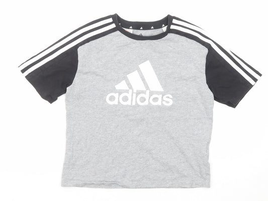 adidas Girls Grey Cotton Pullover T-Shirt Size 11-12 Years Crew Neck Pullover