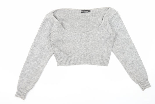 PRETTYLITTLETHING Womens Grey Scoop Neck Acrylic Pullover Jumper Size S - Cropped