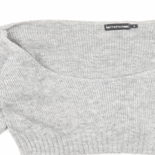 PRETTYLITTLETHING Womens Grey Scoop Neck Acrylic Pullover Jumper Size S - Cropped