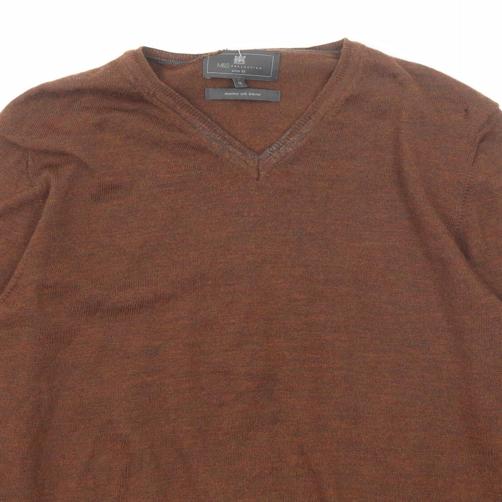 Marks and Spencer Mens Brown V-Neck Acrylic Pullover Jumper Size M Long Sleeve