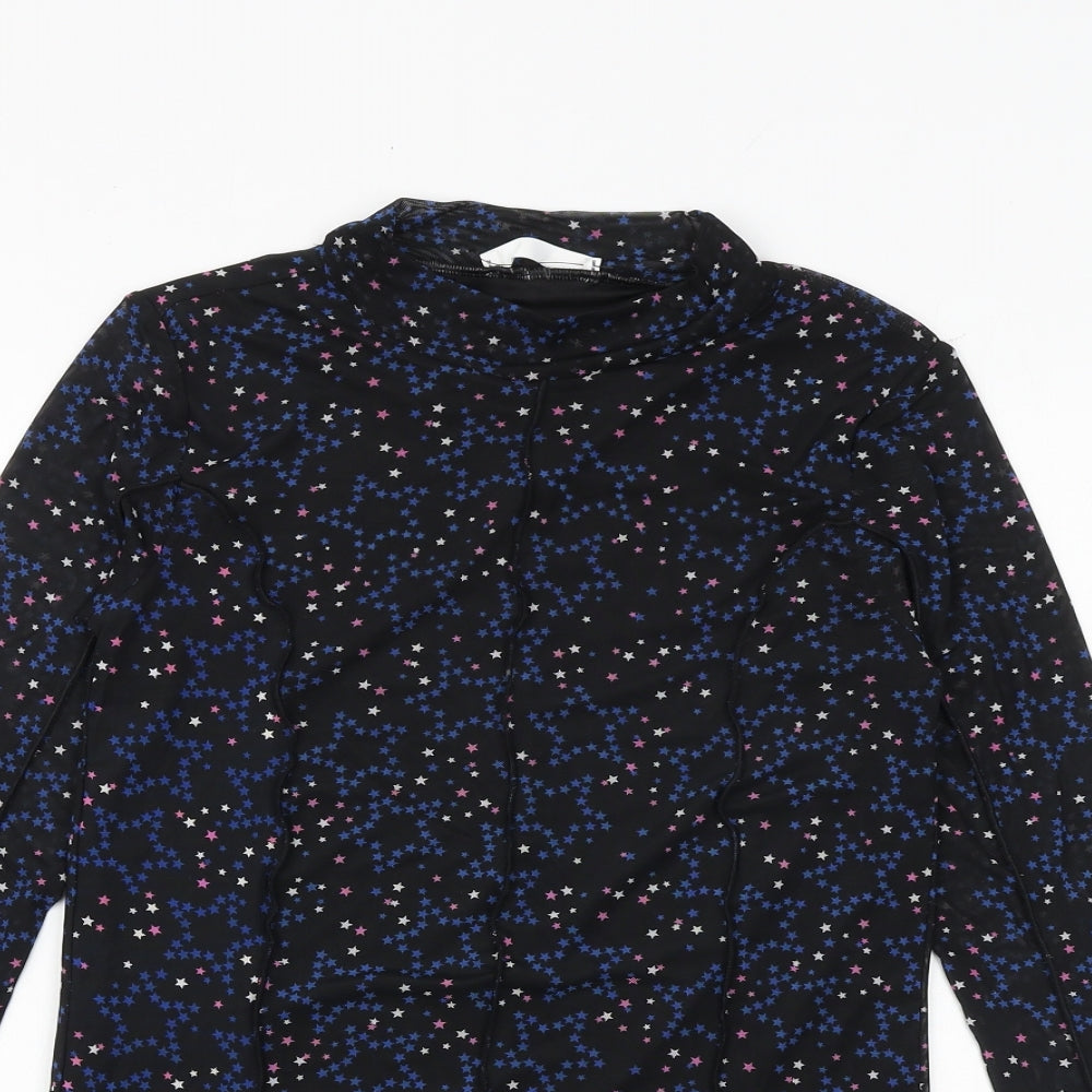 Marks and Spencer Girls Black Geometric Polyester Basic Blouse Size 13-14 Years Mock Neck Pullover - Star Print