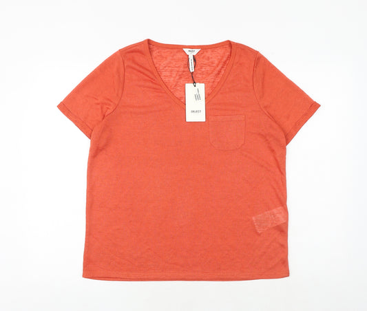 Object Womens Orange Viscose Basic T-Shirt Size L V-Neck