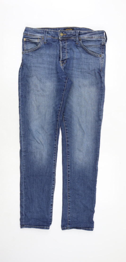 JACK & JONES Mens Blue Cotton Straight Jeans Size 32 in Regular Button