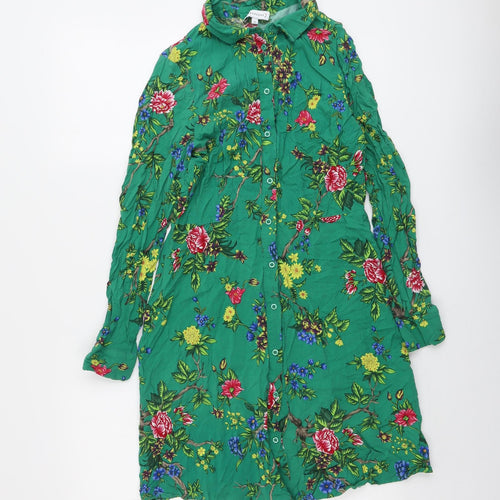 Warehouse Womens Green Floral Viscose Shirt Dress Size 12 Collared Button