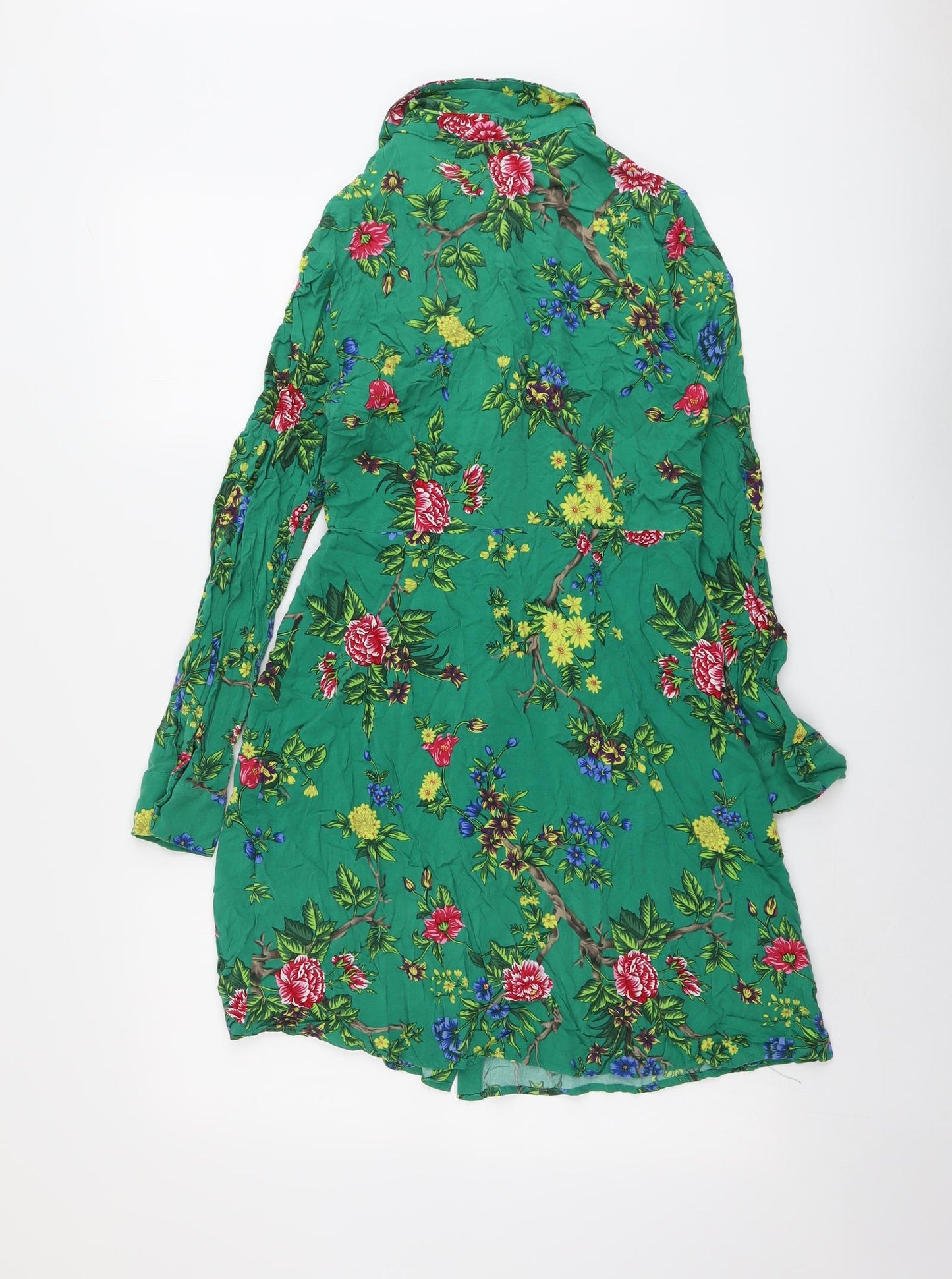 Warehouse Womens Green Floral Viscose Shirt Dress Size 12 Collared Button