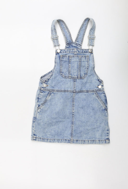 NEXT Girls Blue Cotton Pinafore/Dungaree Dress Size 6 Years Square Neck Buckle