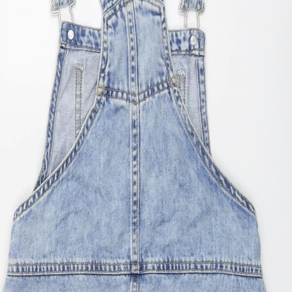 NEXT Girls Blue Cotton Pinafore/Dungaree Dress Size 6 Years Square Neck Buckle