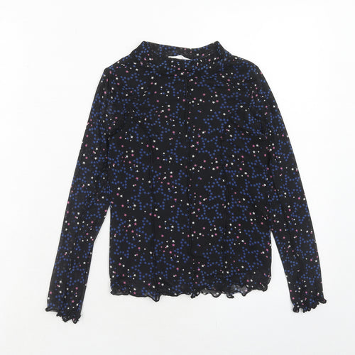 Marks and Spencer Girls Black Geometric Polyester Basic Blouse Size 8-9 Years Mock Neck Pullover - Star Print