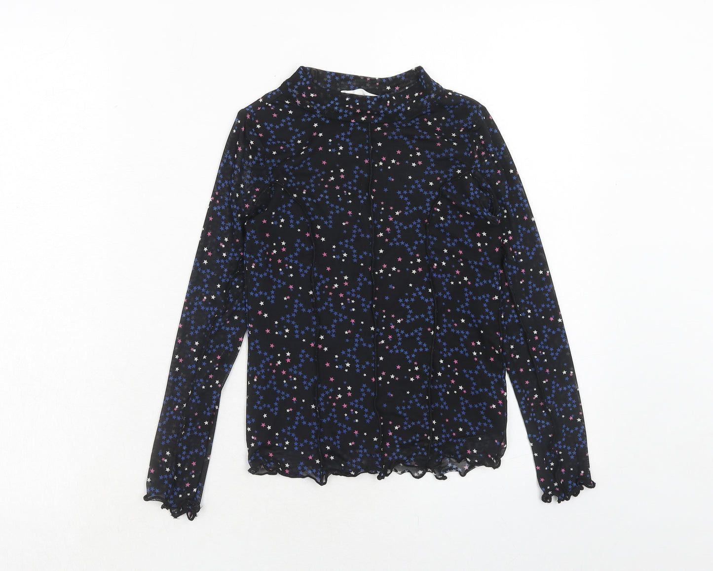 Marks and Spencer Girls Black Geometric Polyester Basic Blouse Size 8-9 Years Mock Neck Pullover - Star Print