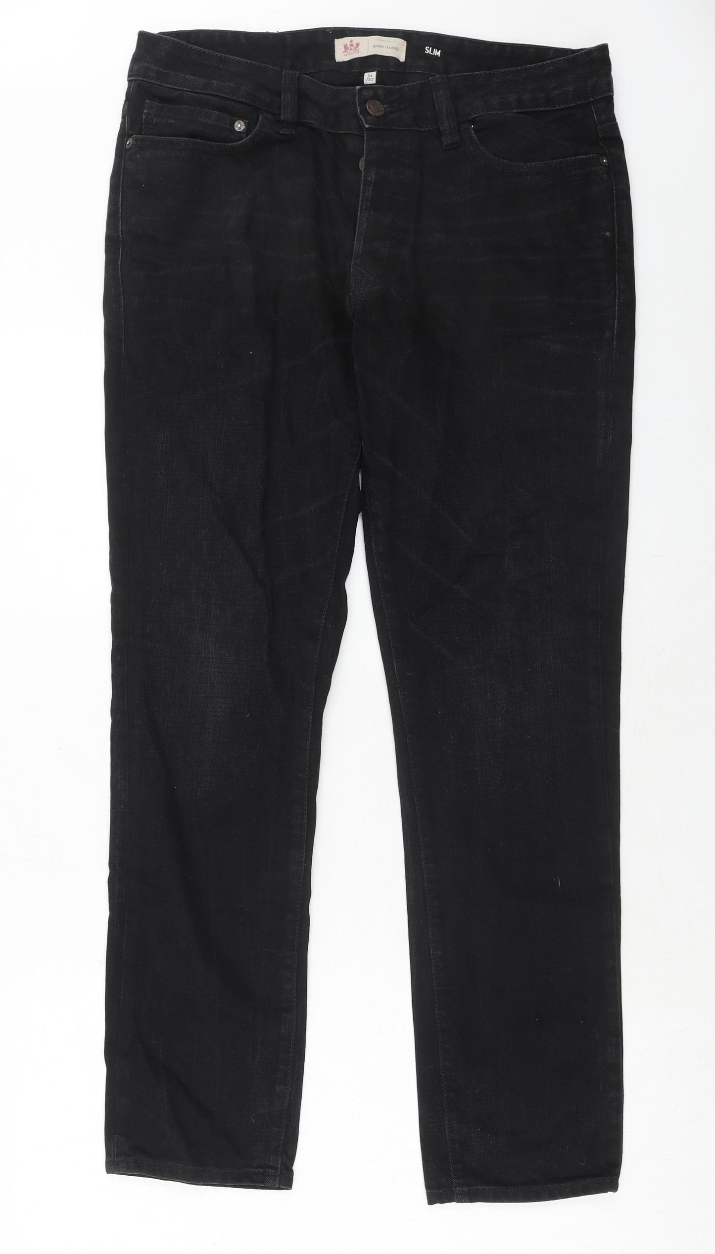 River Island Mens Black Cotton Straight Jeans Size 34 in L32 in Slim Button