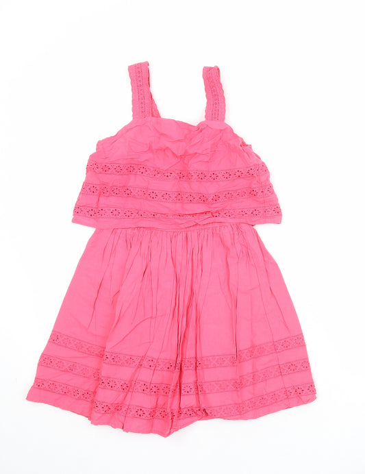 Marks and Spencer Girls Pink 100% Cotton Tank Dress Size 9-10 Years Square Neck Button - Broderie Anglaise Details