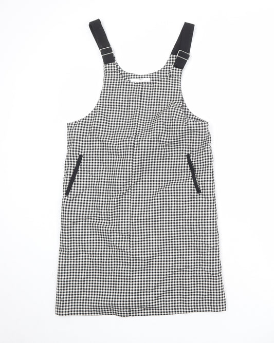 Marks and Spencer Girls Black Check Polyester Pinafore/Dungaree Dress Size 13-14 Years Scoop Neck Buckle
