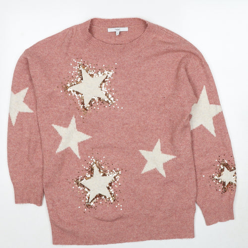 NEXT Womens Pink Crew Neck Geometric Polyester Pullover Jumper Size M - Stars Sequin
