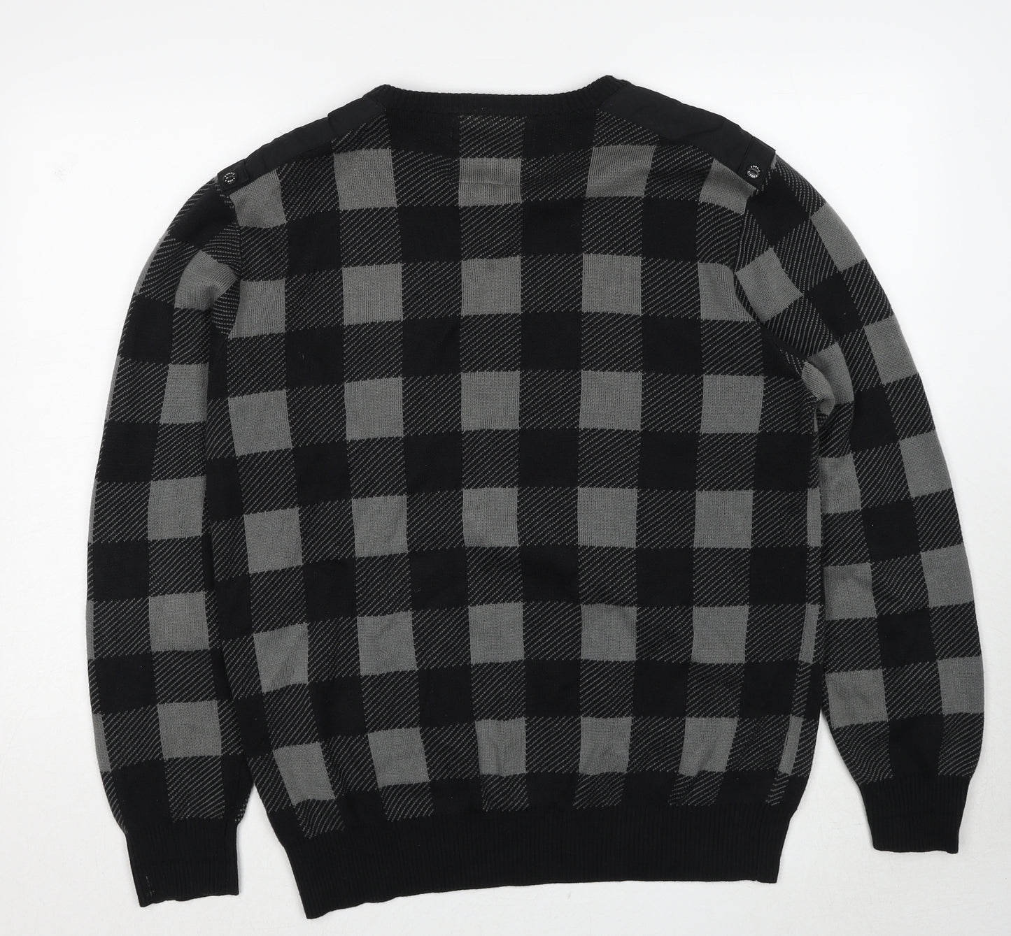 NEXT Mens Black Round Neck Check Cotton Pullover Jumper Size L Long Sleeve