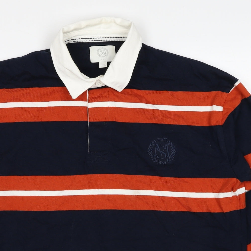 Marks and Spencer Mens Blue Striped Cotton Polo Size M Collared Pullover