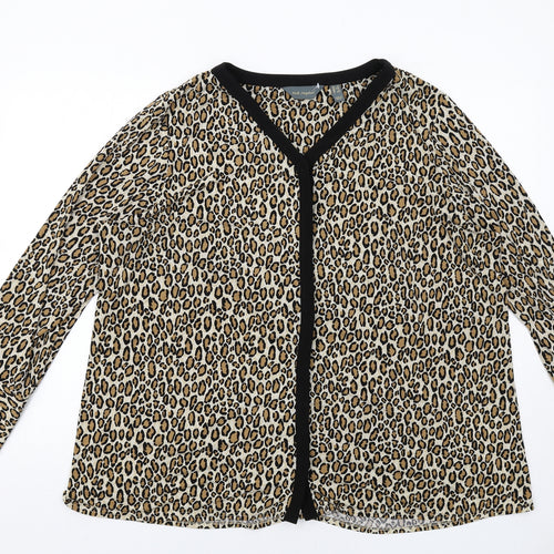 Ruth Langford Womens Beige Animal Print Polyester Basic Button-Up Size 2XL V-Neck - Leopard Print