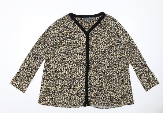 Ruth Langford Womens Beige Animal Print Polyester Basic Button-Up Size 2XL V-Neck - Leopard Print
