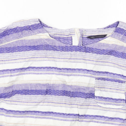 Marks and Spencer Womens Purple Striped Linen Basic T-Shirt Size 14 Boat Neck