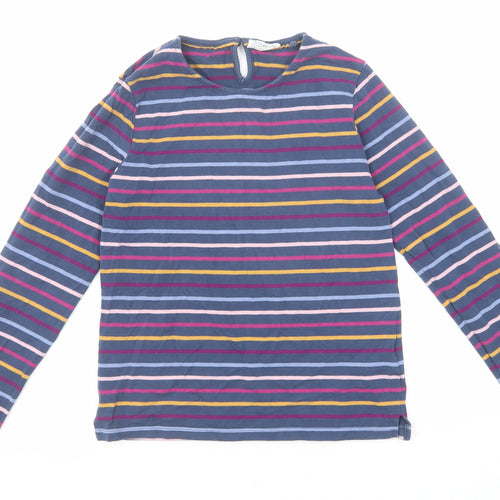 Fat Face Girls Blue Striped Cotton Pullover T-Shirt Size 9-10 Years Round Neck Button